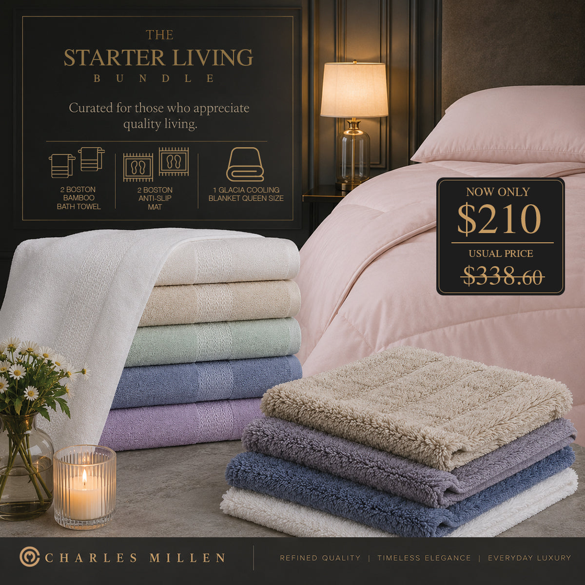 Charles Millen Starter Living Bundle I Bed and Bath Essentials