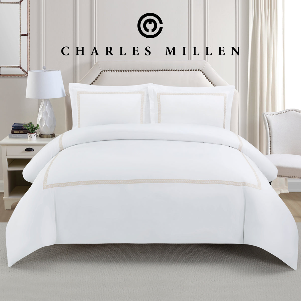 CHARLES MILLEN Signature Vouge Collection 100% Pima Cotton Bed Linen (White) – MONDRAE