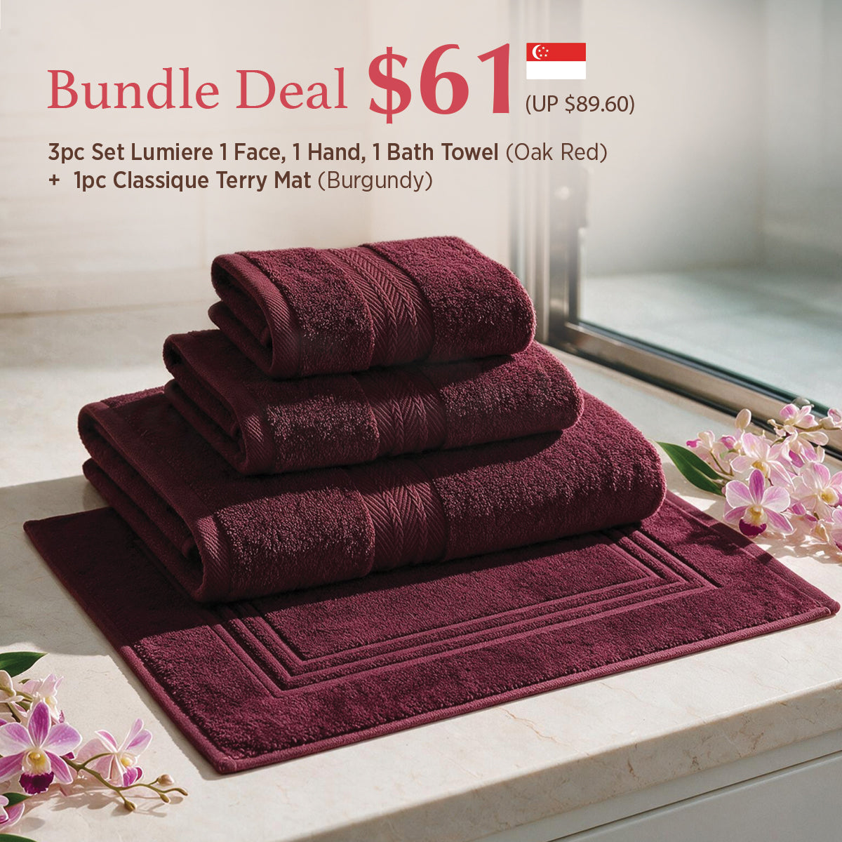 3pcs Set LUMIERE Towels & CLASSIQUE Terry Mat $61 Bundle Set