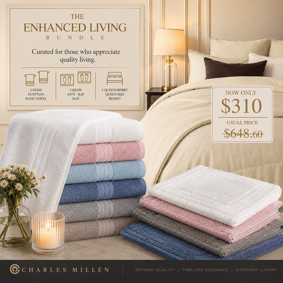 Charles Millen Enhanced Living Bundle I Bed and Bath Essentials