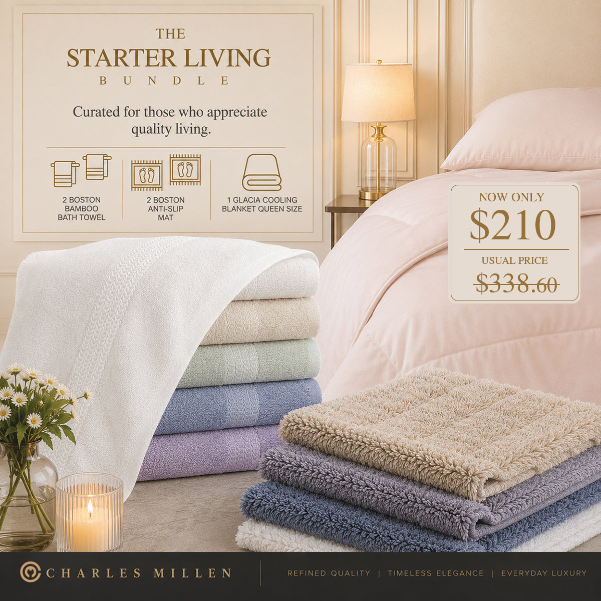 Charles Millen Starter Living Bundle I Bed and Bath Essentials