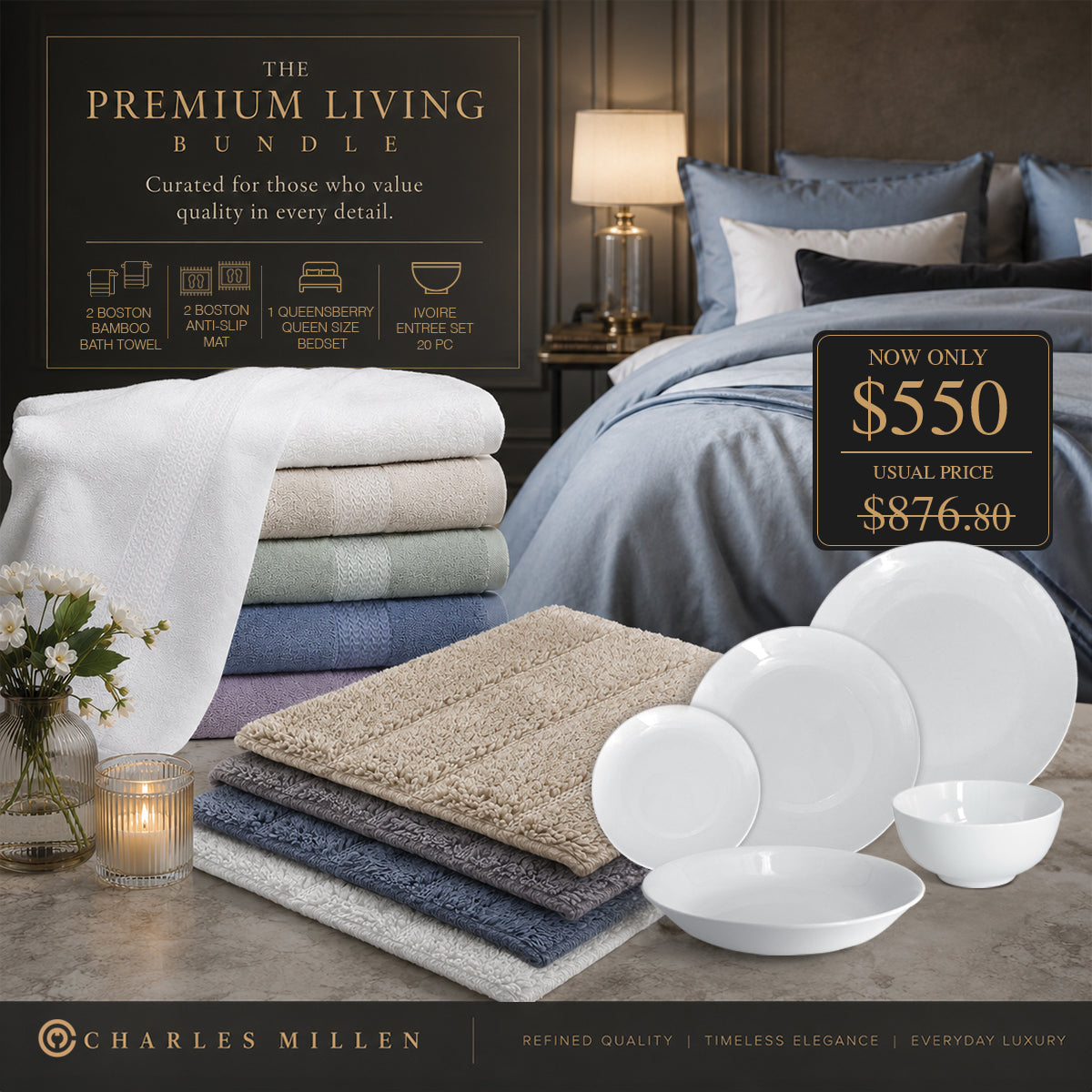 Charles Millen Premium Living Bundle I Bed &amp; Bath, Dining Essentials