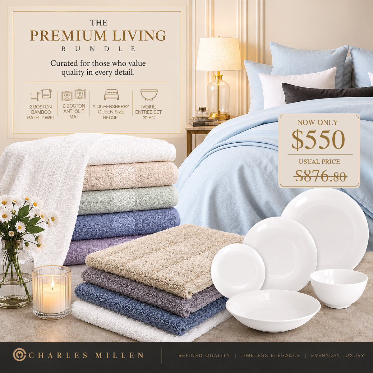 Charles Millen Premium Living Bundle I Bed & Bath, Dining Essentials