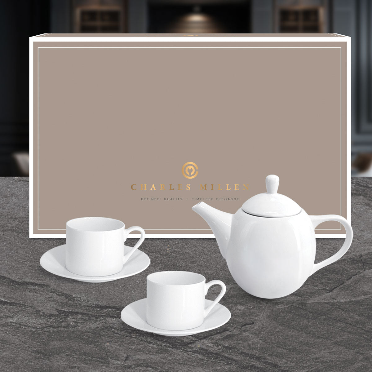 Charles Millen IVOIRE Entree Tea Set ( 1 Tea/ Coffee Pot, 2 sets Cup &amp; saucer)