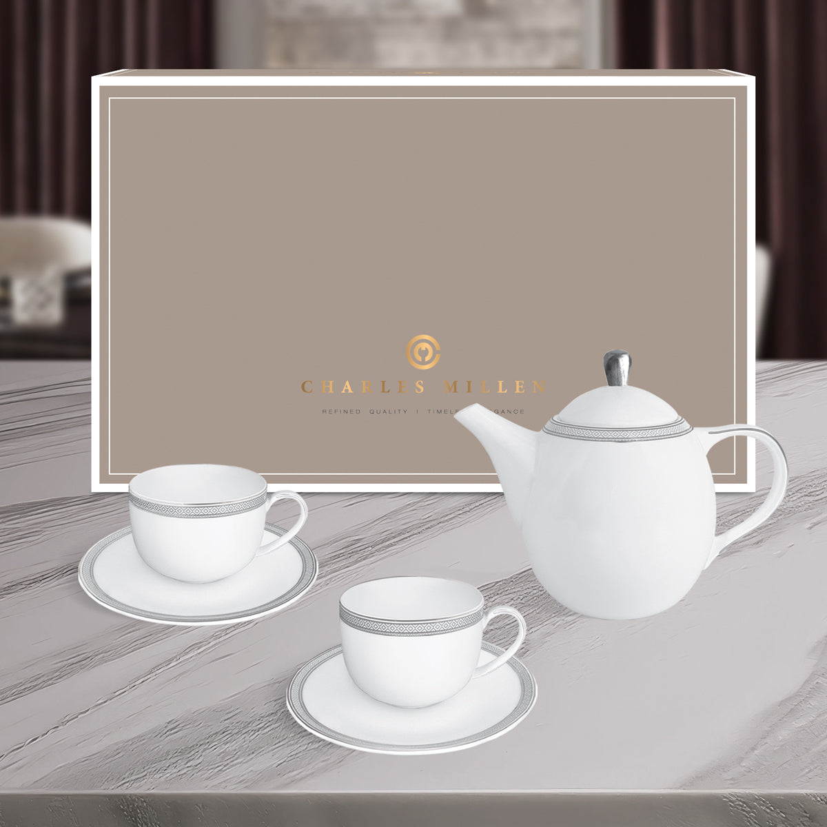 Charles Millen MONDE Entree Tea Set ( 1 Tea/ Coffee Pot, 2 sets Cup &amp; saucer)