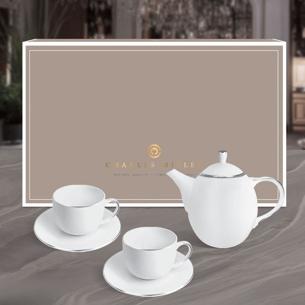 Charles Millen PLATINUM Entree 2 Pax - Tea Set ( 1 Tea/ Coffee Pot, 2 sets Cup &amp; saucer)