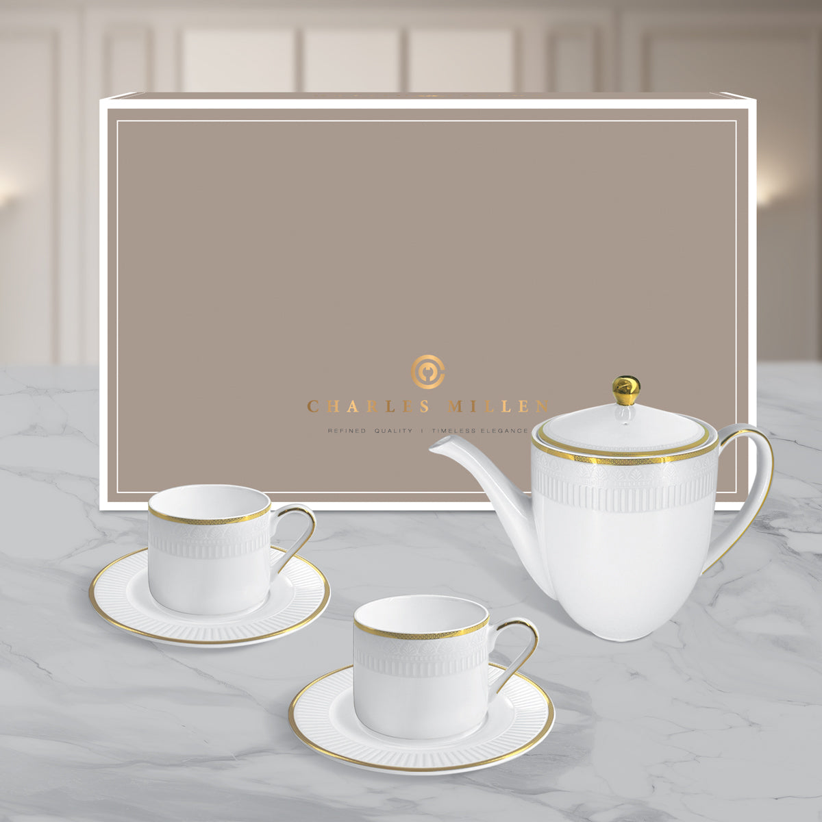 Charles Millen RENAISS Entree Tea Set ( 1 Tea/ Coffee Pot, 2 sets Cup &amp; saucer)