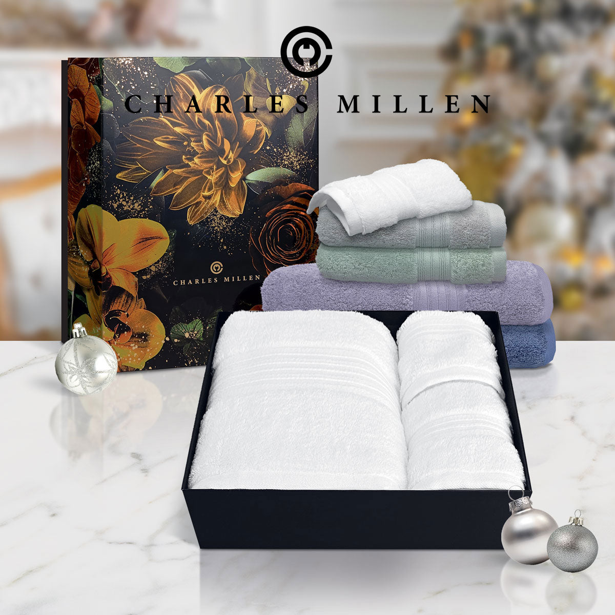 ( 3pc Face, Hand, Bath Towel set ) Christmas Towel Gift Set - Charles Millen Velmont Egyptian Cotton Bath Towel Set