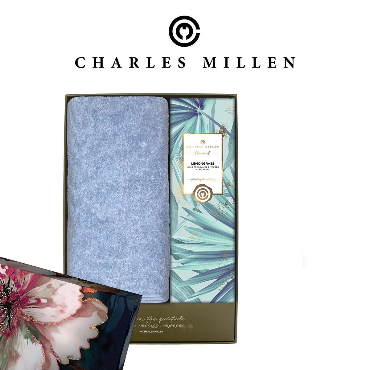 (1 Box ) Christmas Towel Gift Set - Charles Millen REPOSE  Xmas Towel Gift Set. ( Sport Towel 50x100cm, unwind Diffuser)