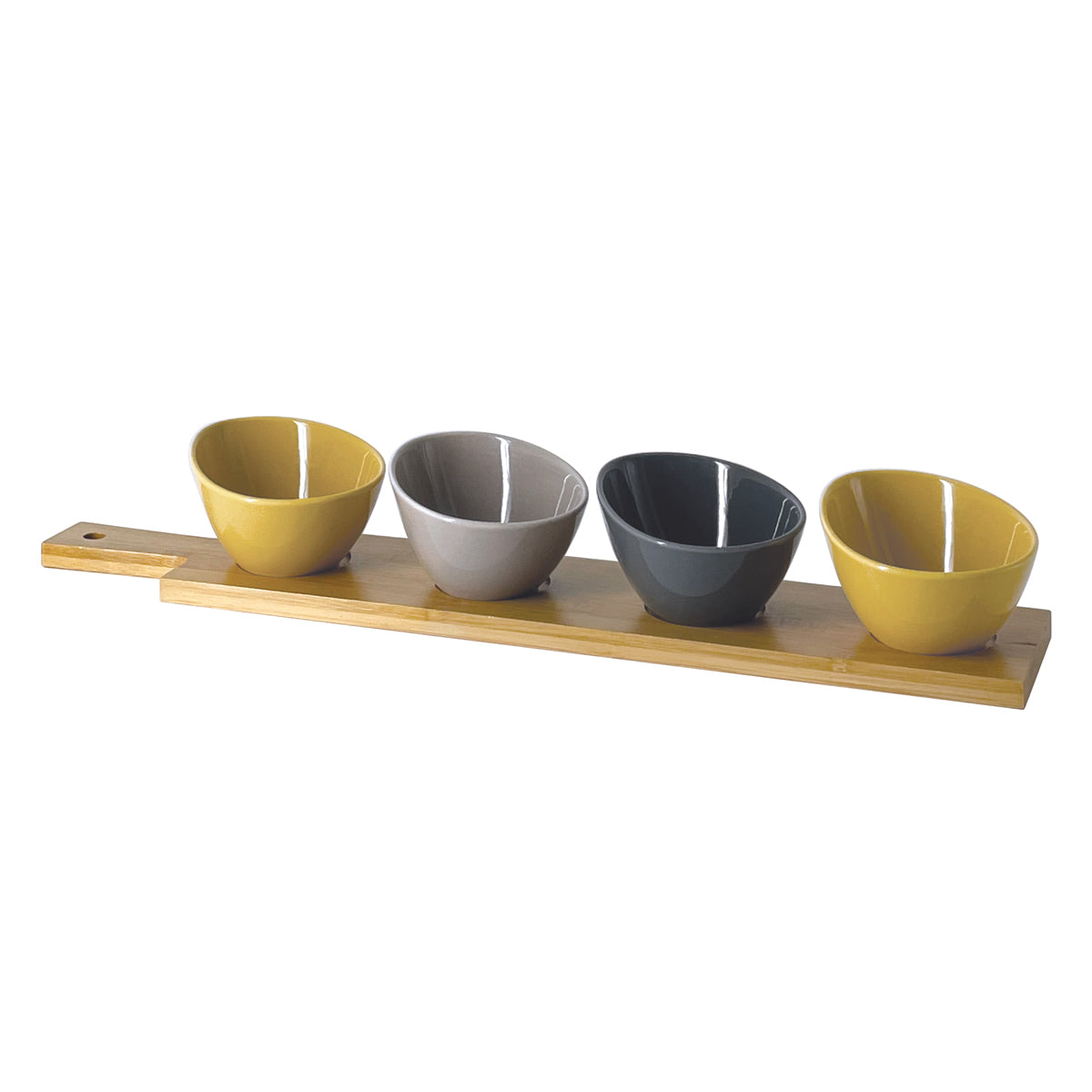 Appetizer set 29x13 w/4 porcelain round bowls on bamboo tray in color box  MANDALAY 